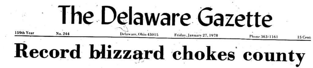 Blizzard of 1978 - Delaware Ohio - Delaware Gazette Headline